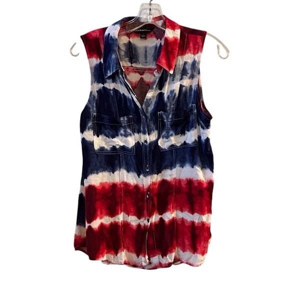 Rock & Republic Ladies Red, White and Blue Tie-Dye Sleeveless Button Up, M - Picture 1 of 7
